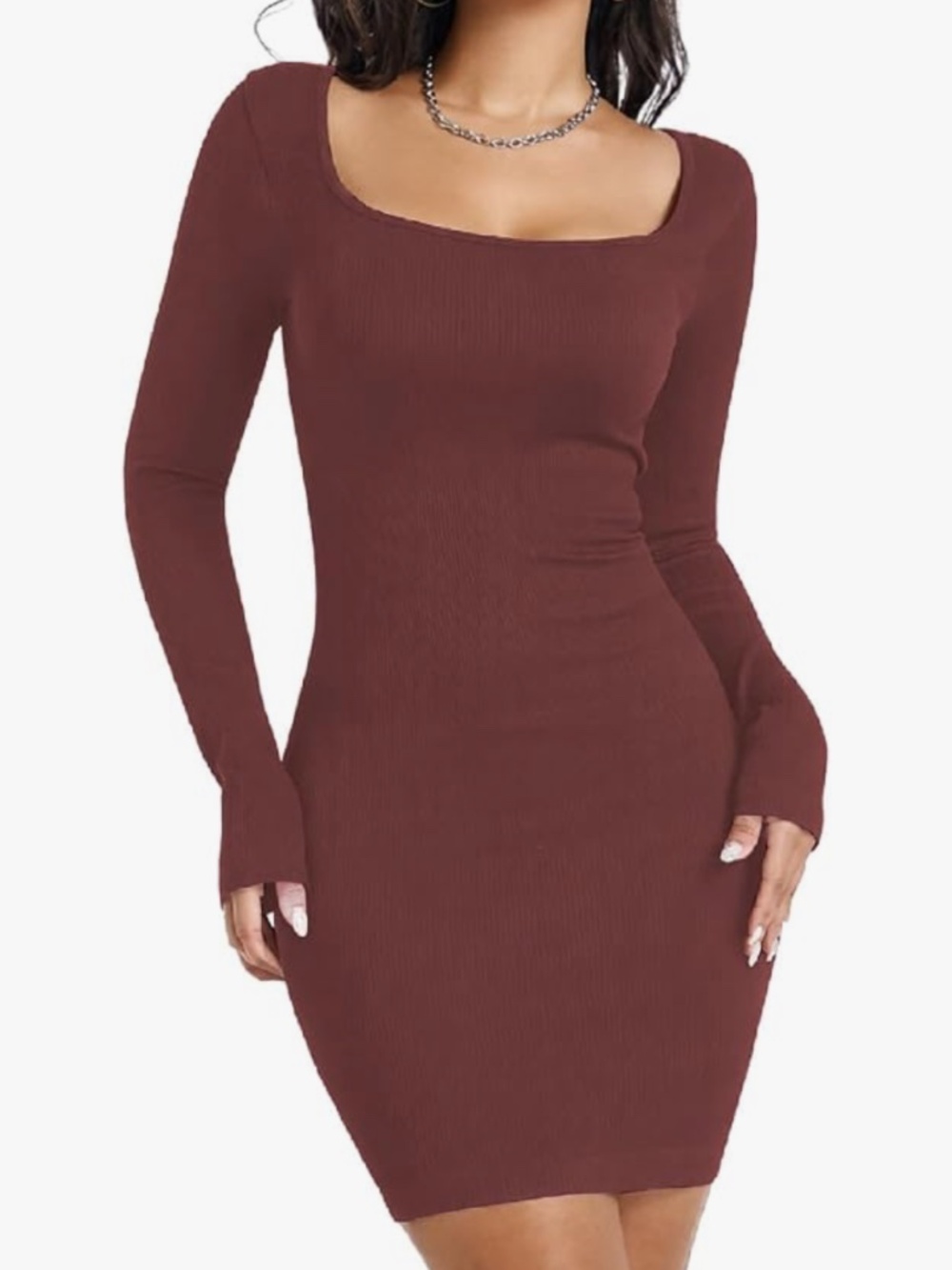 Figure-hugging long sleeve bodycon dress with a modern square neckline. Soft str